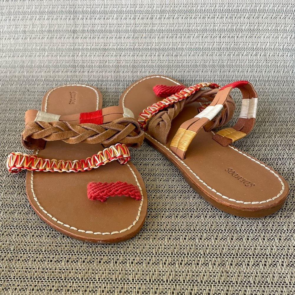 Soludos Multi Band Slide Sandals in Vachetta Red & Multi Leather Size 9